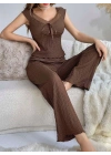 Kadın Kahverengi Kurdela Detaylı Yumuşak Pamuklu Uzun Pijama Takımı 5135