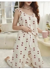 Kadın Ekru Kırmızı Kalp Desenli Yumuşak Pamuklu Uzun Pijama Takımı 5136