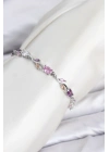 Pirinç Gümüş Renk Pembe ve Mor Zirkon Taşlı Çiçek Model Kadın Bileklik
