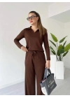 Polo yaka alt üst kollu modal takım kahve pt