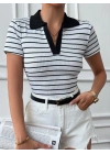 Polo yaka garnili bluz Beyazsiyah