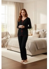 Premium Kadın 4’lü Fitilli Set – Siyah Kırmızı Biyeli (Pijama Üst, Pantolon, Bikini Takımı)