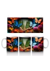 Renkli Cam Mozaik Desenli Mavi ve Turuncu Kelebekler – Baskılı Kahve Kupası