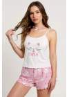 Renkli Kedi Desenli Askılı Şortlu Kadın Pijama Takımı