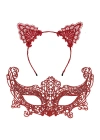 Romantik Kırmızı Dantel Maske Seti – Kedi Kulaklı Taç ve Maske No 3