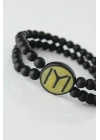 ® Sarı Renkli Metal Üzerine Siyah Kayı Boyu Figürlü Siyah Renk Çift Sıra Doğal Taş Erkek Bileklik