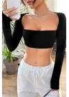 Kadın Siyah Uzun Kol Göğüs ve Sırt Dekolteli Crop Top Bluz
