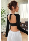 Kadın Siyah Uzun Kol Göğüs ve Sırt Dekolteli Crop Top Bluz
