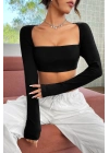 Kadın Siyah Uzun Kol Göğüs ve Sırt Dekolteli Crop Top Bluz