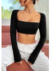 Kadın Siyah Uzun Kol Göğüs ve Sırt Dekolteli Crop Top Bluz