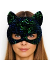 Siyah Kadife Kumaş Üzerine Mavi Yeşil Payetli Pullu Parti Maskesi 16x14 cm