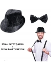 Siyah Payetli Şapka Ve Papyon Seti – Parıltılı Yetişkin Kostüm Seti