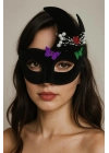 Siyah Renk İncili Taşlı Süet Kaplama Venedik Parti Maskesi 20x22 Cm