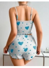 Kadın Beyaz Mavi Kalp Desenli Askılı Şortlu Pijama Takım 5043