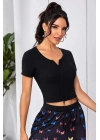 Kadın Siyah Çift Fermuarlı Yarım Kol Crop Top Bluz