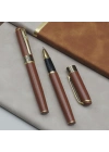 Taba Rengi Gold Detaylı Termo Deri Defter Ve Metal Roller Kalem Hediye Seti