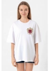 Türk Arma Baskılı Oversize Bisiklet Yaka Günlük T-shirt - Beyaz