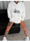 Üç İplik Kapşonlu Baskılı SweatShirt - Beyaz -