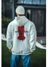 Üç İplik Kapüşonlu Baskılı Oversize SweatShirt- Beyaz