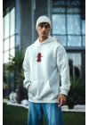 Üç İplik Kapüşonlu Baskılı Oversize SweatShirt- Beyaz