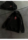 Üç İplik Kapüşonlu Baskılı Oversize SweatShirt- Siyah