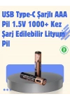 USB Type-C Şarjlı AAA Lityum Pil 1000+ Şarj Döngüsü ile Uzun Ömür
