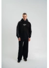 Uzun Kol Kapşonlu Ara Biyeli Baggy Eşofman Takım - Siyah