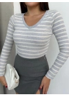 V yaka çizgili bluz gri A3699