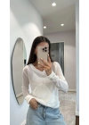 V Yaka uzun Kollu Triko ince Bluz - Beyaz