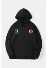 10 Kasıma Özel Üç İplik Kapüşonlu Baskılı SweatShirt - Siyah -