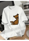 20/1 Penye Compack Ayı Baskılı Oversize Bisiklet Yaka Kısa Kol T-shirt - Beyaz -