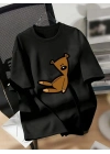 20/1 Penye Compack Ayı Baskılı Oversize Bisiklet Yaka Kısa Kol T-shirt - Siyah -