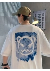 20/1 Penye Compack Bisiklet Yaka Kore tarzı sevimli ayı baskı Kısa Kol   t-shirt - Beyaz -