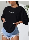 20/1 Penye Compack Classical Baskılı Siyah Oversize Tişort - Siyah -