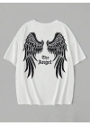 20/1 Penye Compack Dark Angel Baskılı Oversize Kısa Kol Yazlık T-shirt- Beyaz -