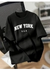 20/1 Penye Compack New York Baskılı Oversize Kısa Kol Bisiklet Yaka T-shirt - Siyah -