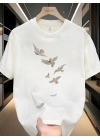 20/1 Penye Compack Özgür kuşlar Baskılı Oversize Bisiklet Yaka T-shirt - Beyaz -