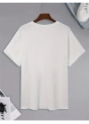 20/1 Penye Compack Palmiye Ön Baskılı Oversize Bisiklet Yaka Kısa Kol Yazlık T-shirt - Beyaz -
