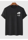 20/1 Penye Compack Palmiye Ön Baskılı Oversize Bisiklet Yaka Kısa Kol Yazlık T-shirt - Siyah -
