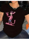 20/1 Penye Compack Pembe Panter Baskılı Oversize Bisiklet Yaka Kısa Kol Yazlık T-shirt - Beyaz -