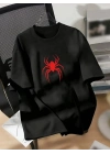 20/1 Penye Compack Spider Baskılı Oversize   Kısa Kol Yazlık T-shirt - Siyah -
