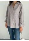 Arkası Asimetrik Yırtmaç Kesim Detaylı Cizgili Bluz Gömlek - Gri -