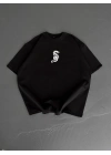 Baskılı Oversize Bisiklet Yaka T-shirt - Siyah -