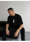 Baskılı Oversize Bisiklet Yaka T-shirt - Siyah -