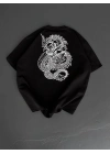 Baskılı Oversize Bisiklet Yaka T-shirt - Siyah -