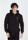 Baskılı Tam Fermuarlı Kapşonlu SweatShirt - Siyah -