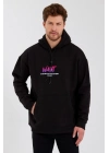 Baskılı Üç İplik Kapüşonlu Oversize Sweatshirt - Siyah -