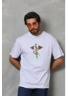 Bisiklet Yaka Baskılı Oversize T-Shirt - Beyaz -