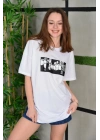 Bisiklet Yaka Baskılı Oversize T-Shirt - Beyaz -