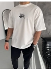 Bisiklet Yaka Baskılı Oversize T-Shirt - Beyaz -